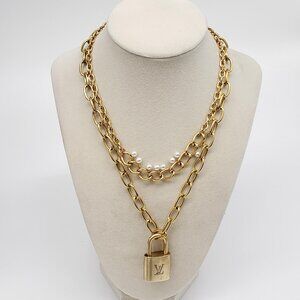 Authentic Louis Vuitton Gold Padlock w/ Unbranded Fashion Stainless Steel Chain